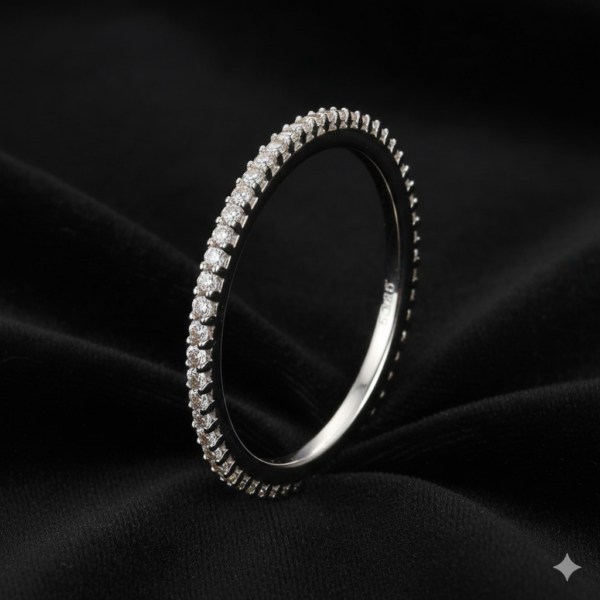 Aura slim eternity stacking band in 925 sterling silver, set with a fine row of lab-created stones