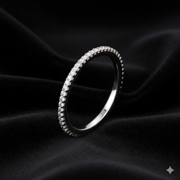 Aura slim eternity stacking band in 925 sterling silver, set with a fine row of lab-created stones (view 4)