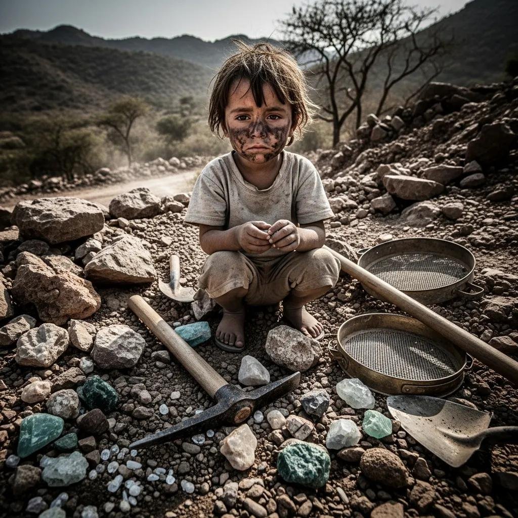 A child in a gemstone mining area, reflecting the harsh realities of child labor and its impact on communities