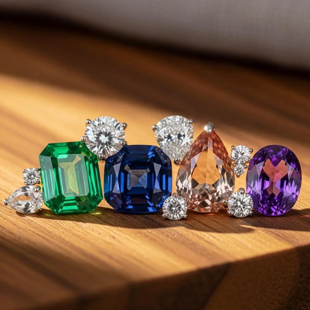 A collection of ethically sourced gemstones and lab-grown diamonds on a wooden surface, emphasizing luxury and sustainability