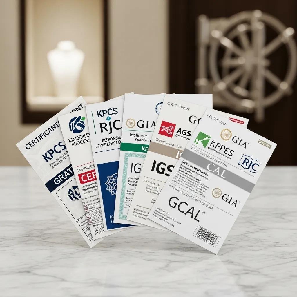 Artistic arrangement of diamond certification logos emphasizing ethical sourcing and quality assurance