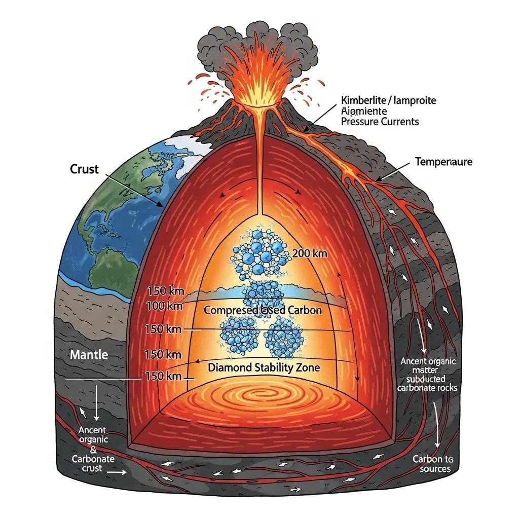 Artistic representation of the geological formation process of natural diamonds