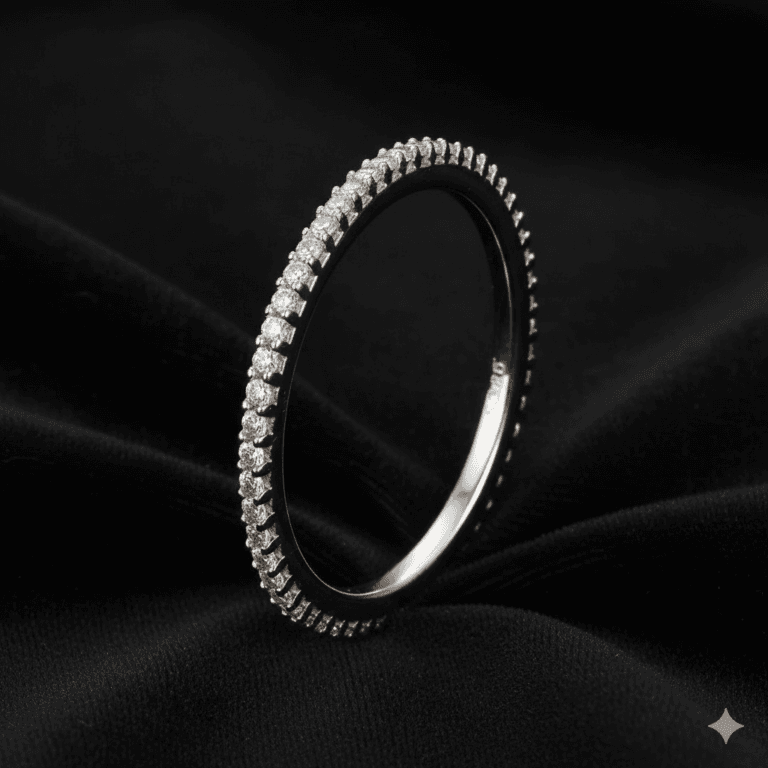 Aura slim eternity stacking band in 925 sterling silver, set with a fine row of lab-created stones
