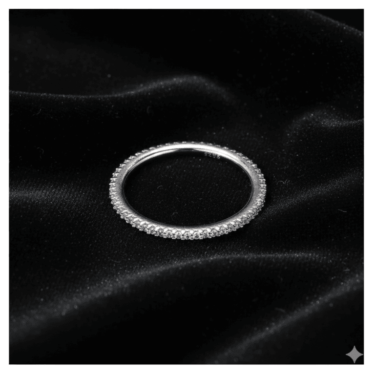 Aura slim eternity stacking band in 925 sterling silver, set with a fine row of lab-created stones (view 3)