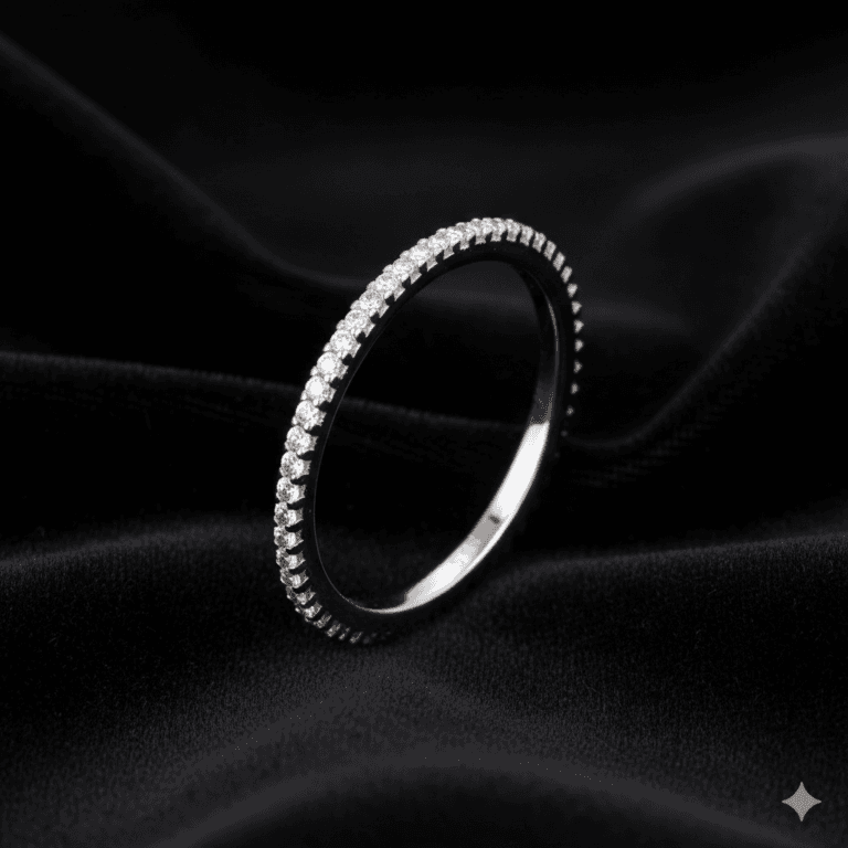 Aura slim eternity stacking band in 925 sterling silver, set with a fine row of lab-created stones (view 4)