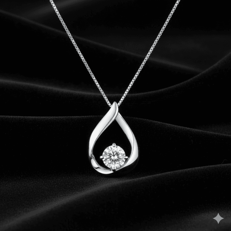 Cascade waterdrop pendant in 925 sterling silver: round lab-created stone set inside an open teardrop frame