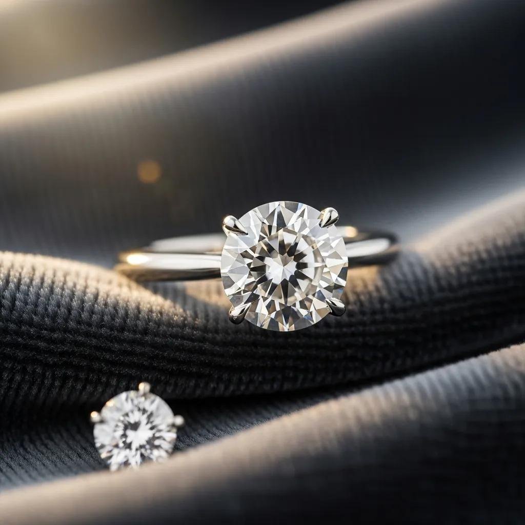 Close-up of a lab grown diamond ring on soft fabric, highlighting its brilliance and ethical beauty
