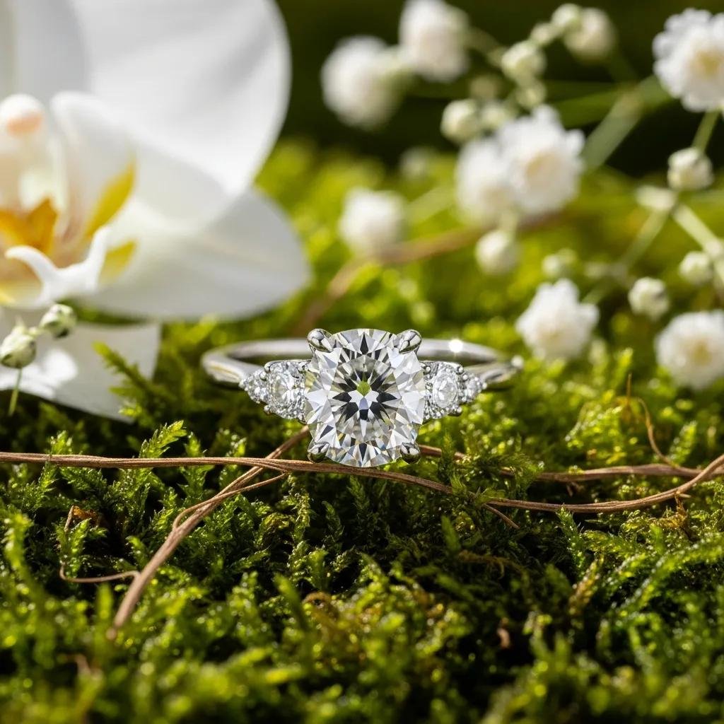 Close-up of a lab-grown diamond ring surrounded by natural elements, symbolizing ethical luxury