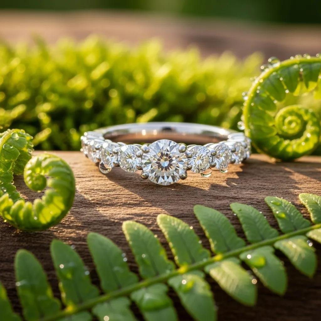 Why Choose Ethical Jewelry for Your Special Day 3 Close-up of a lab-grown diamond wedding band on a wooden surface with greenery