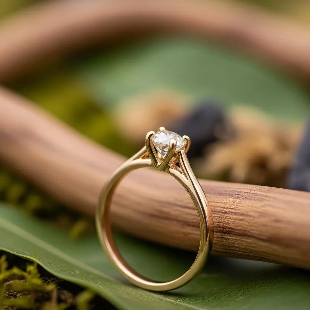 Close-up of a recycled gold engagement ring surrounded by natural materials, emphasizing sustainability