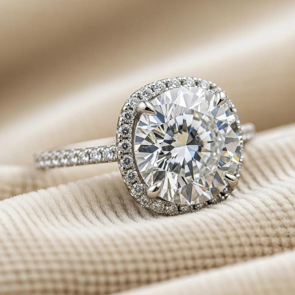 Close-up of a sparkling lab-grown diamond engagement ring on textured fabric