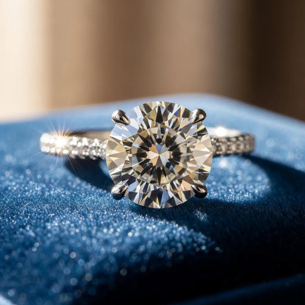 Close-up of a sparkling lab grown diamond ring on velvet, highlighting ethical jewelry