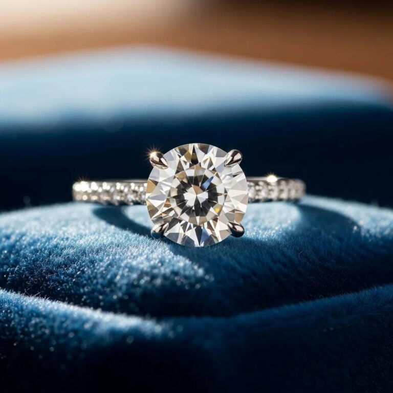 Close-up of a sparkling lab grown diamond ring on velvet, showcasing its brilliance and craftsmanship