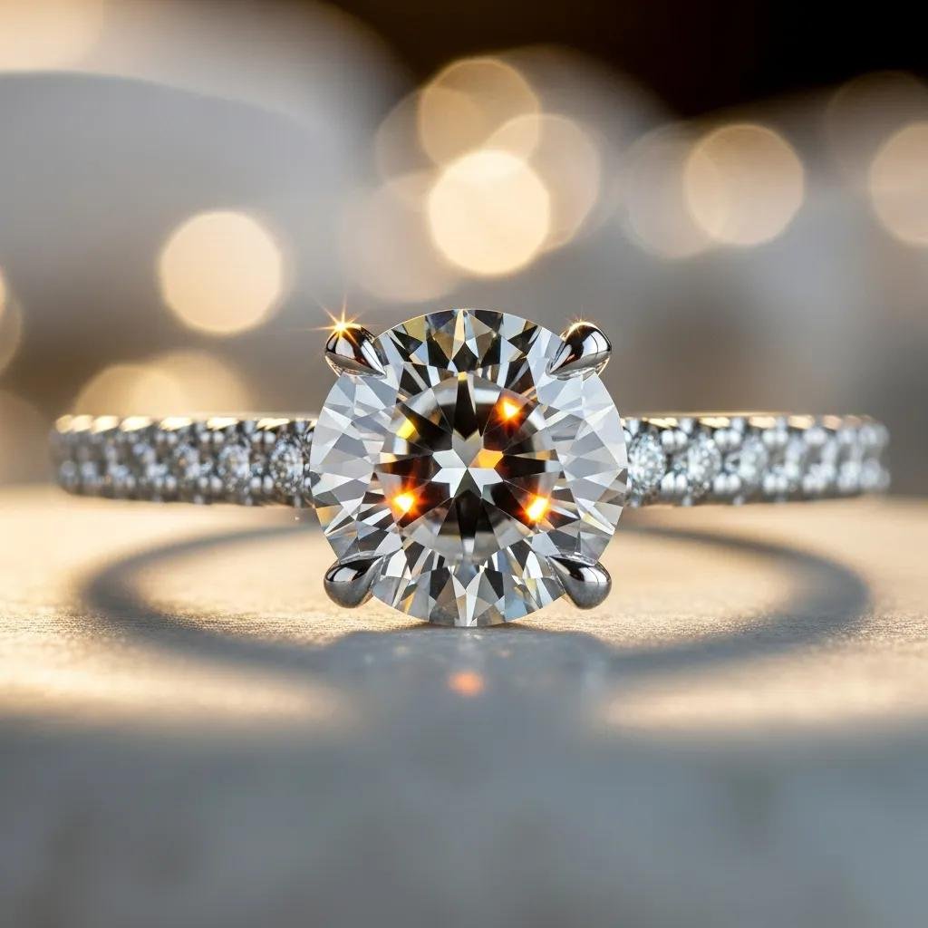 Close-up of a sparkling lab-grown engagement ring with a diamond in a delicate setting
