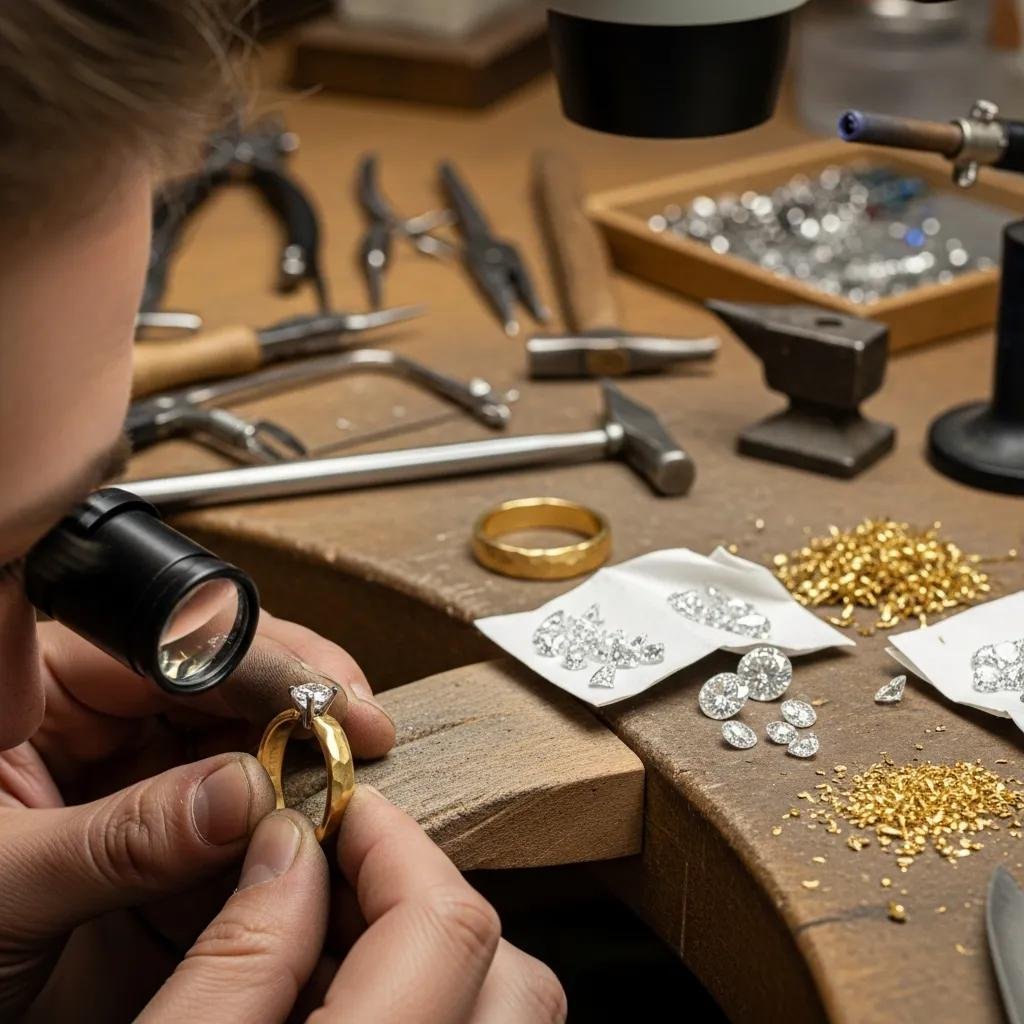 Close-up of lab-grown diamonds and recycled gold being crafted into wedding rings in a jeweler's workspace