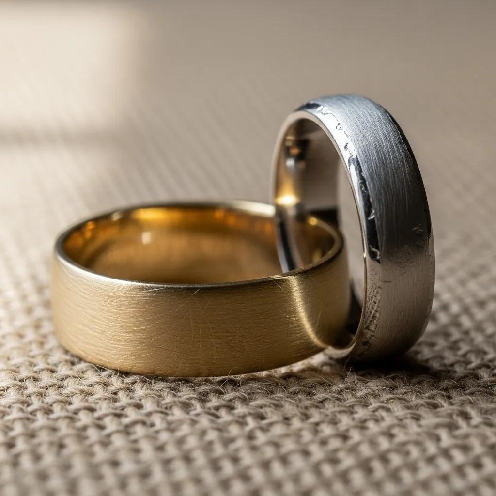 Sustainable Wedding Rings: What to Know Before You Buy 4 Close-up of recycled gold and platinum wedding bands on a rustic fabric background