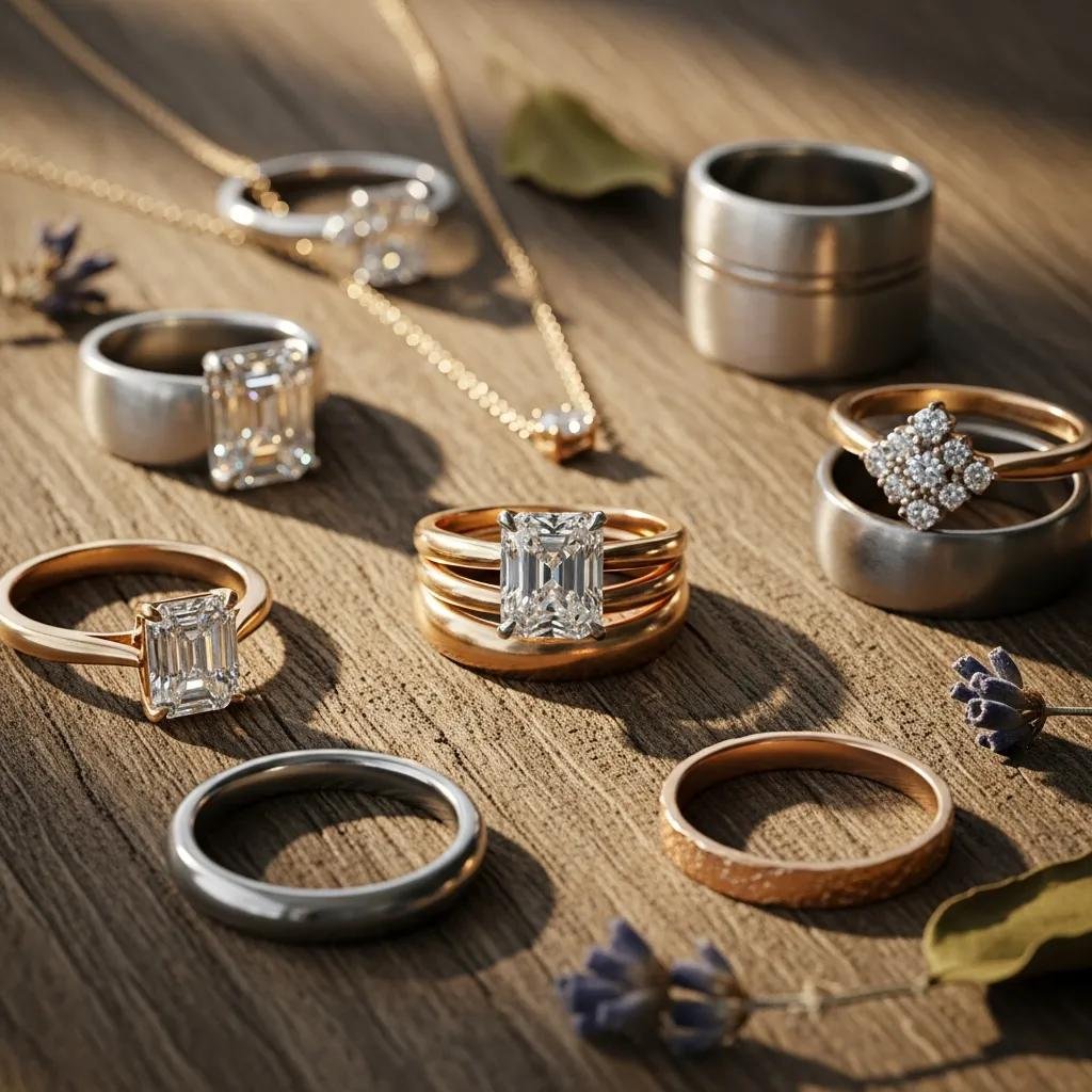 Collection of ethically sourced jewelry featuring lab-grown diamonds and recycled metals