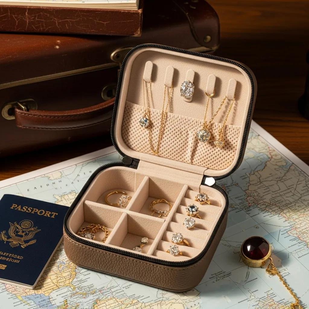 Compact travel jewelry case made from vegan leather, securely holding ethical diamond jewelry