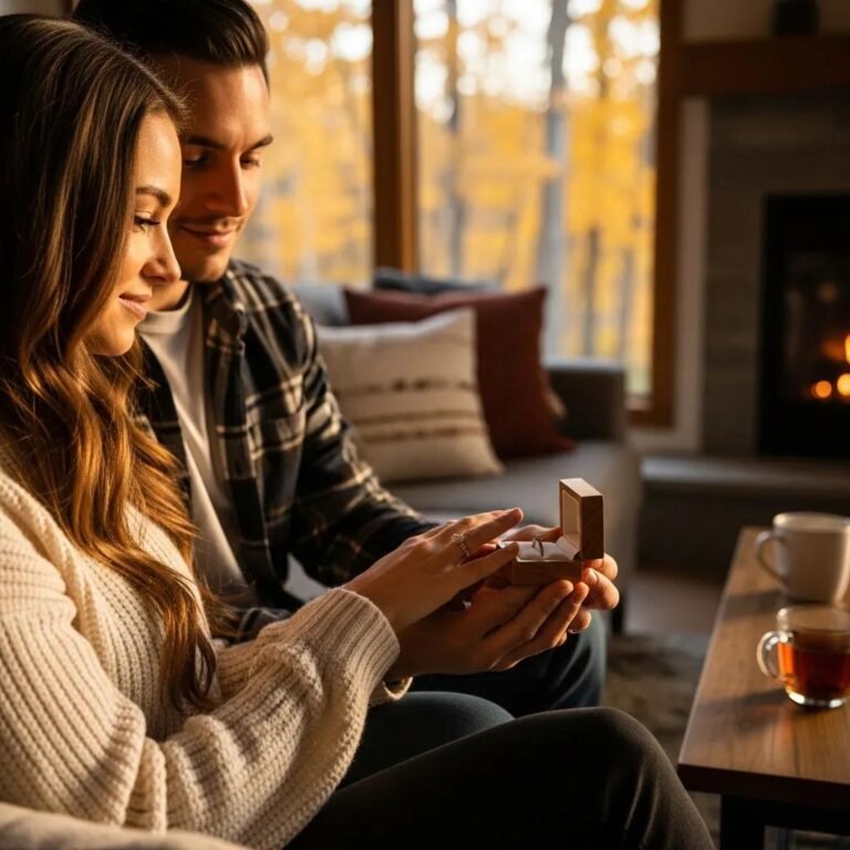 Couple admiring a lab-grown engagement ring in a cozy, romantic setting