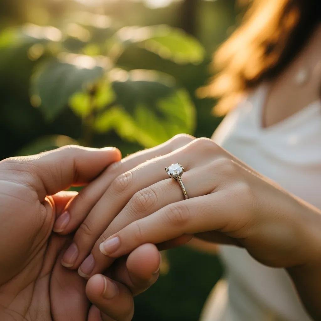 Couple celebrating engagement with a focus on a lab grown diamond ring in a natural setting