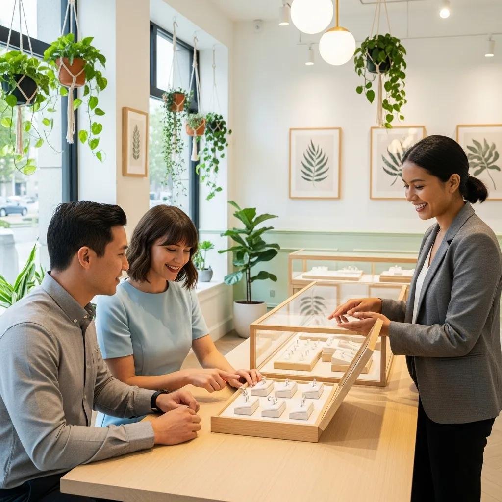 Couple choosing an ethical lab-grown diamond in an eco-friendly jewelry store