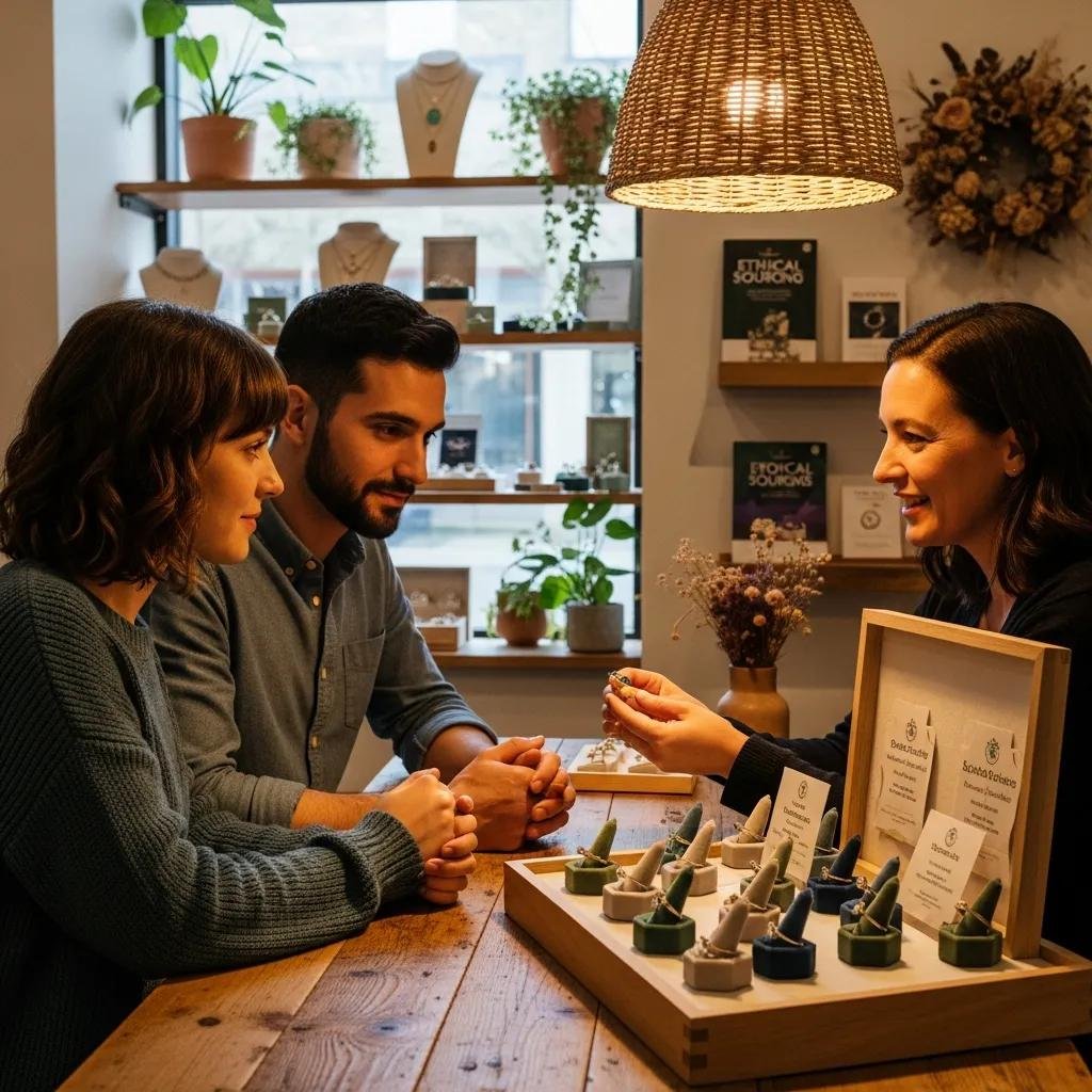 Couple selecting sustainable engagement rings in a cozy jewelry store with an inviting atmosphere