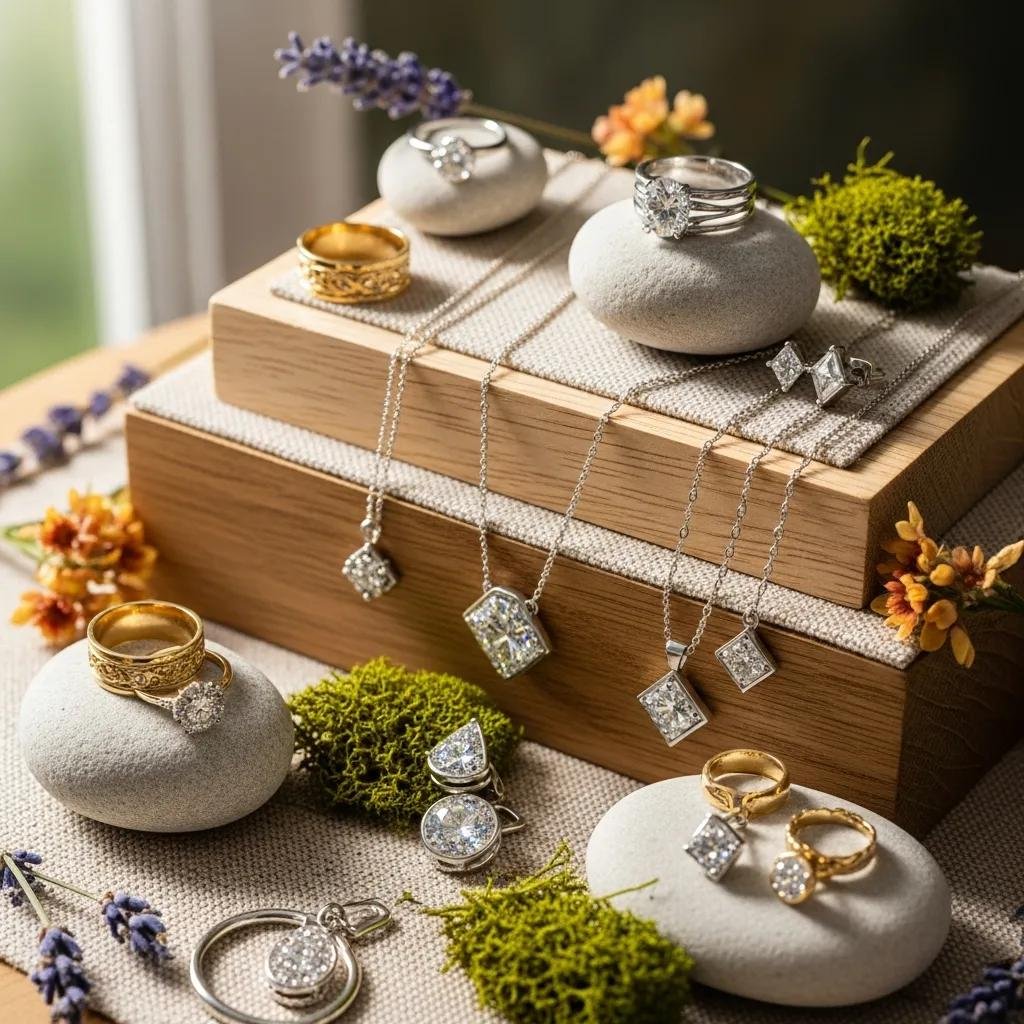 Display of fine jewelry including gold, silver, and lab-grown diamonds emphasizing ethical cleaning methods