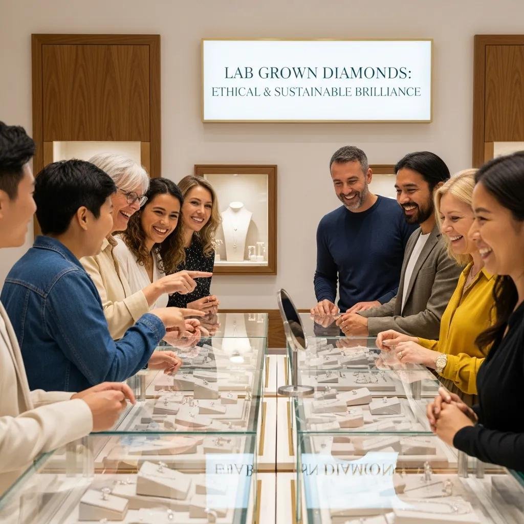 Diverse group selecting lab grown diamonds in a modern jewelry store, emphasizing ethical choices
