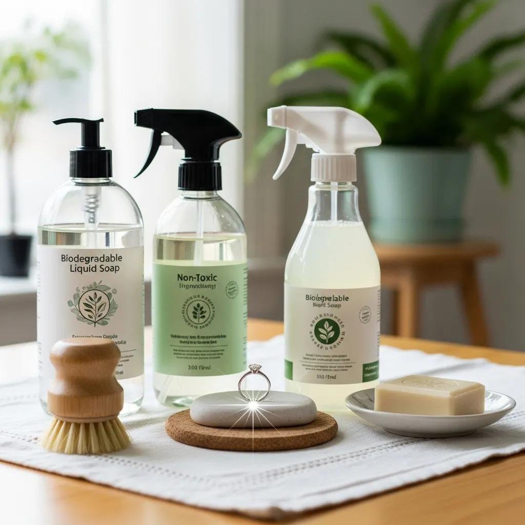 Eco-friendly cleaning products with a lab-grown diamond ring, emphasizing sustainable jewelry care
