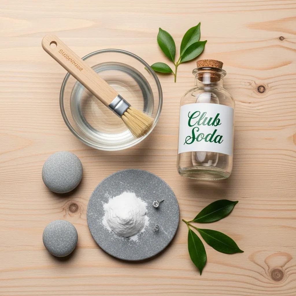 Eco-friendly cleaning solutions for lab grown diamonds arranged on a natural wood surface