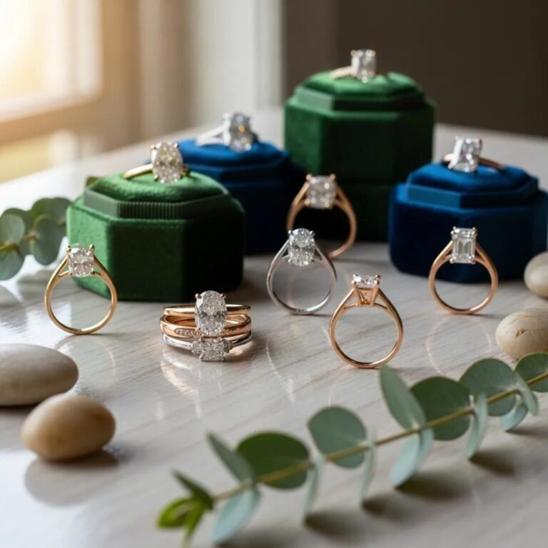 Eco-friendly engagement rings showcasing lab-grown diamonds and recycled gold in a natural setting