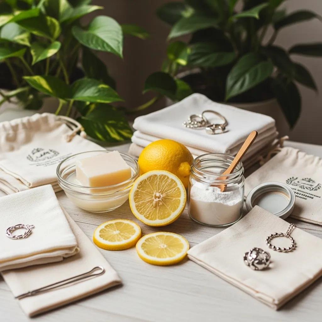 Eco-friendly jewelry cleaning solutions and storage practices displayed on a wooden surface
