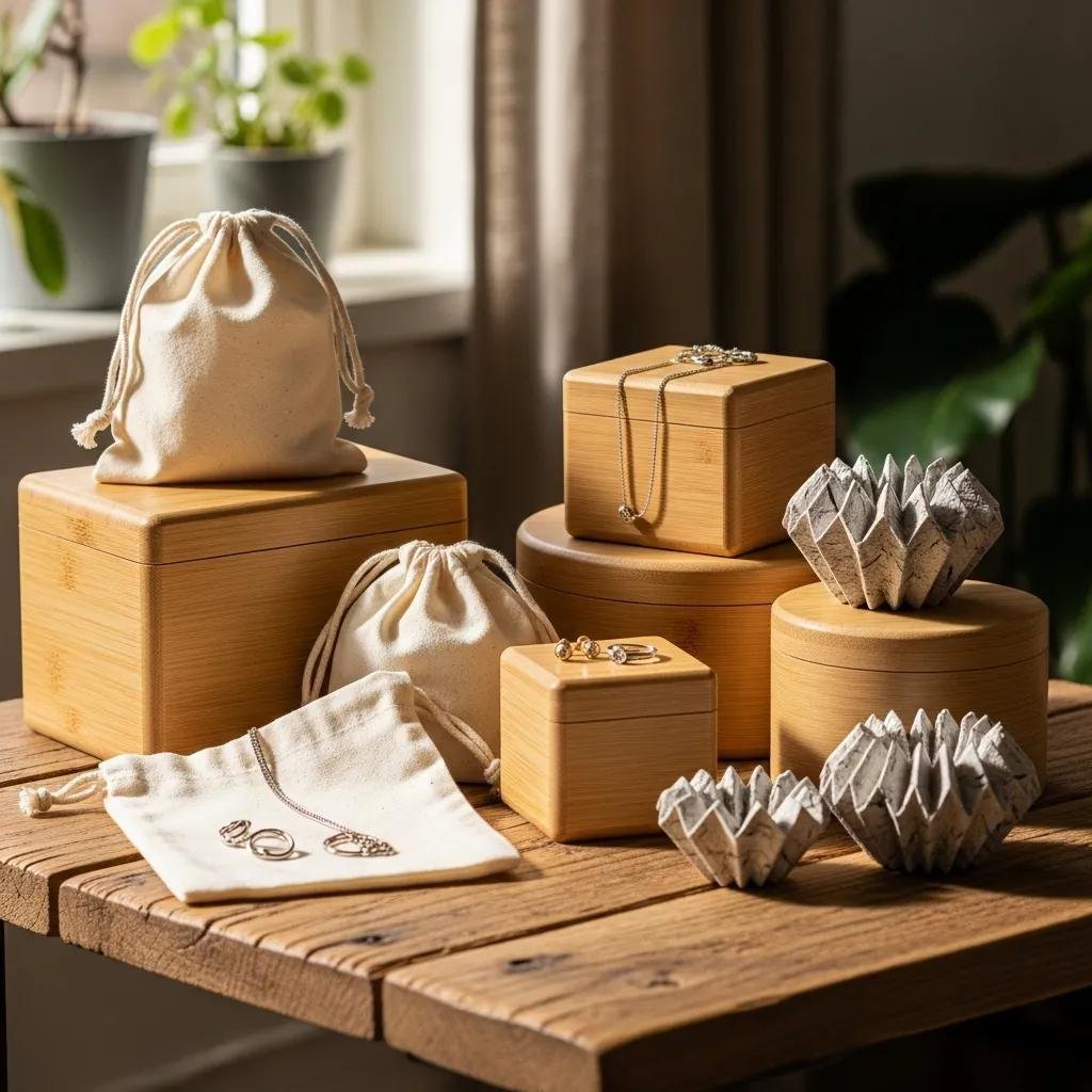 Eco-friendly jewelry storage solutions including organic cotton pouches and bamboo boxes