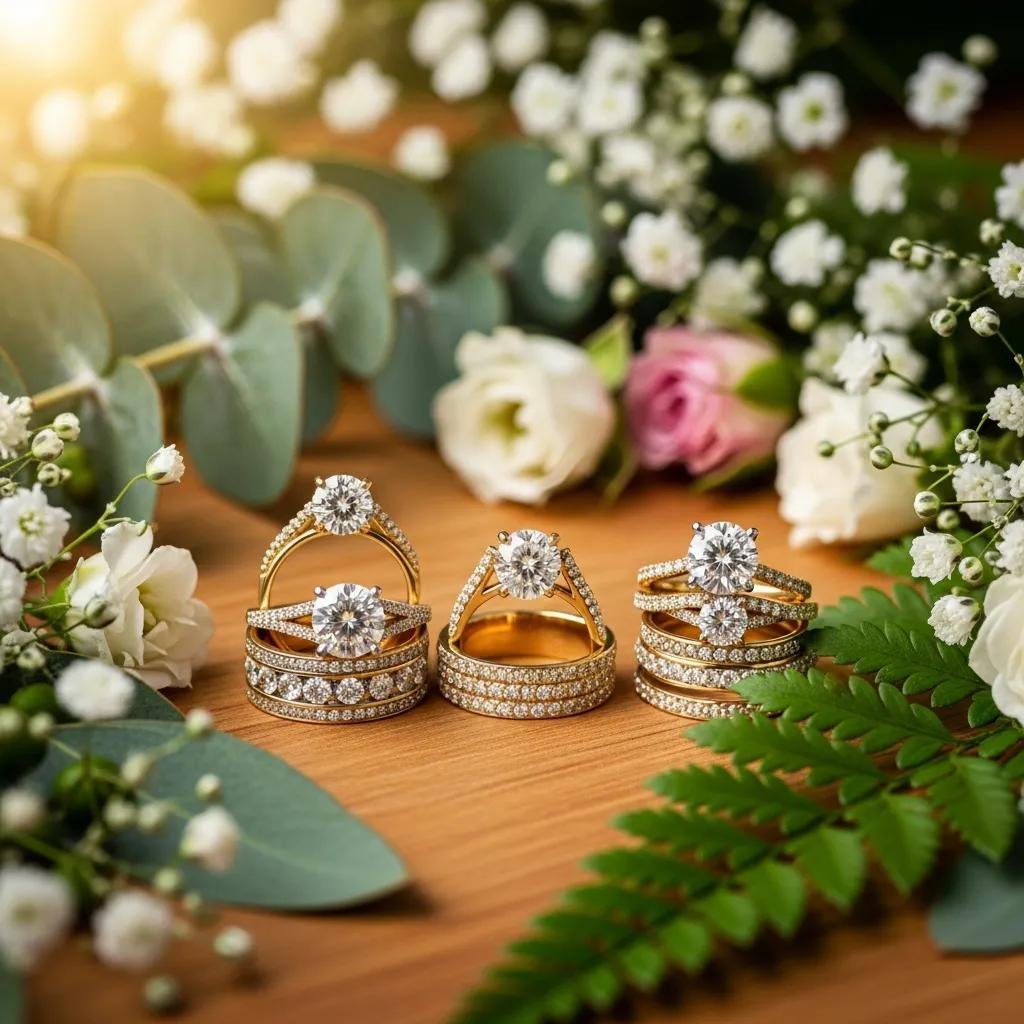 Eco-friendly wedding rings made from lab-grown diamonds and recycled gold displayed on a wooden surface with greenery