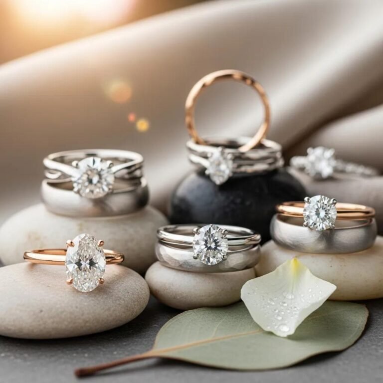 Elegant display of ethical wedding jewelry featuring lab-grown diamonds and recycled metals