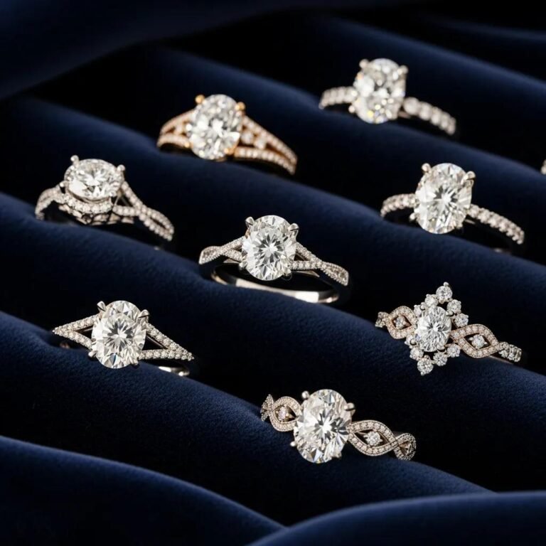 Elegant display of lab grown diamond engagement rings showcasing various styles and designs