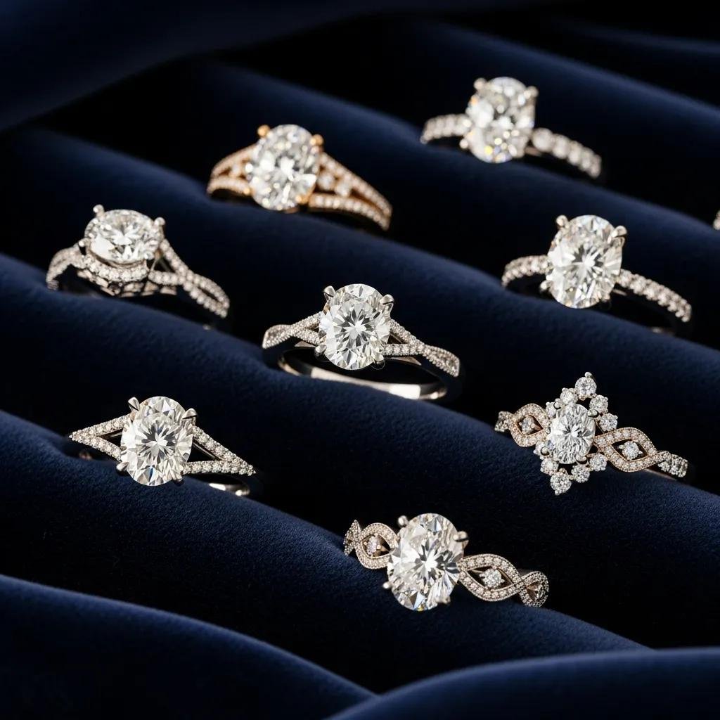 Elegant display of lab grown diamond engagement rings showcasing various styles and designs