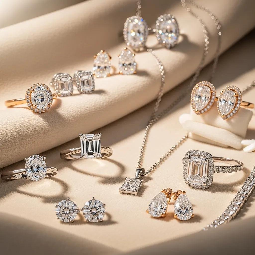 Elegant display of lab grown diamond jewelry pieces showcasing affordability and luxury