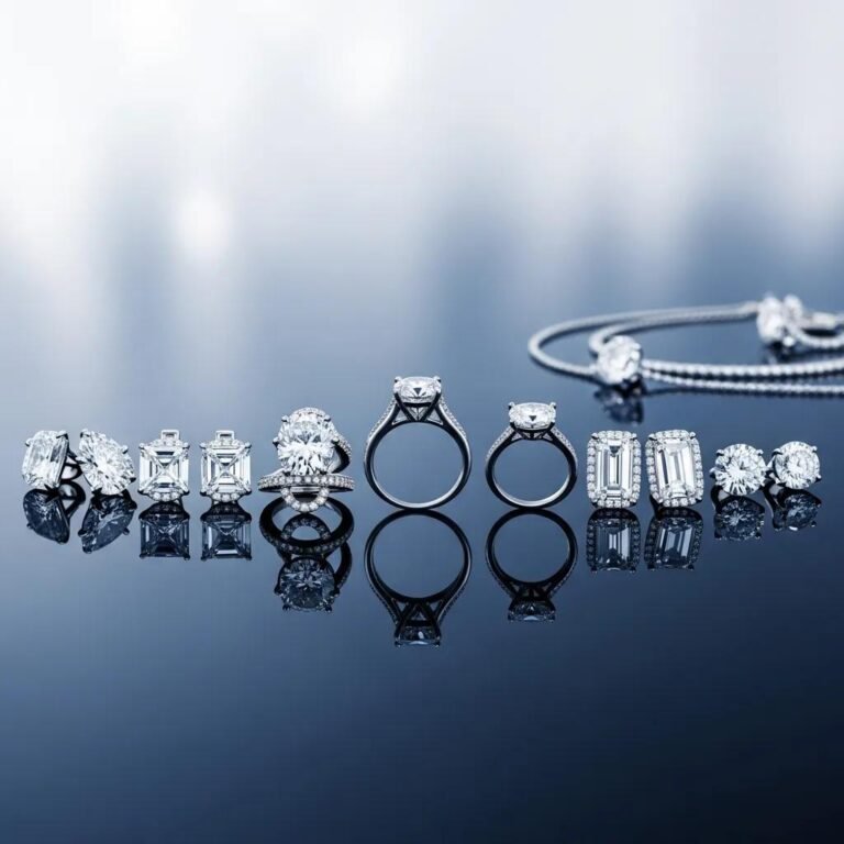Elegant display of lab-grown diamonds in rings and earrings on a reflective surface