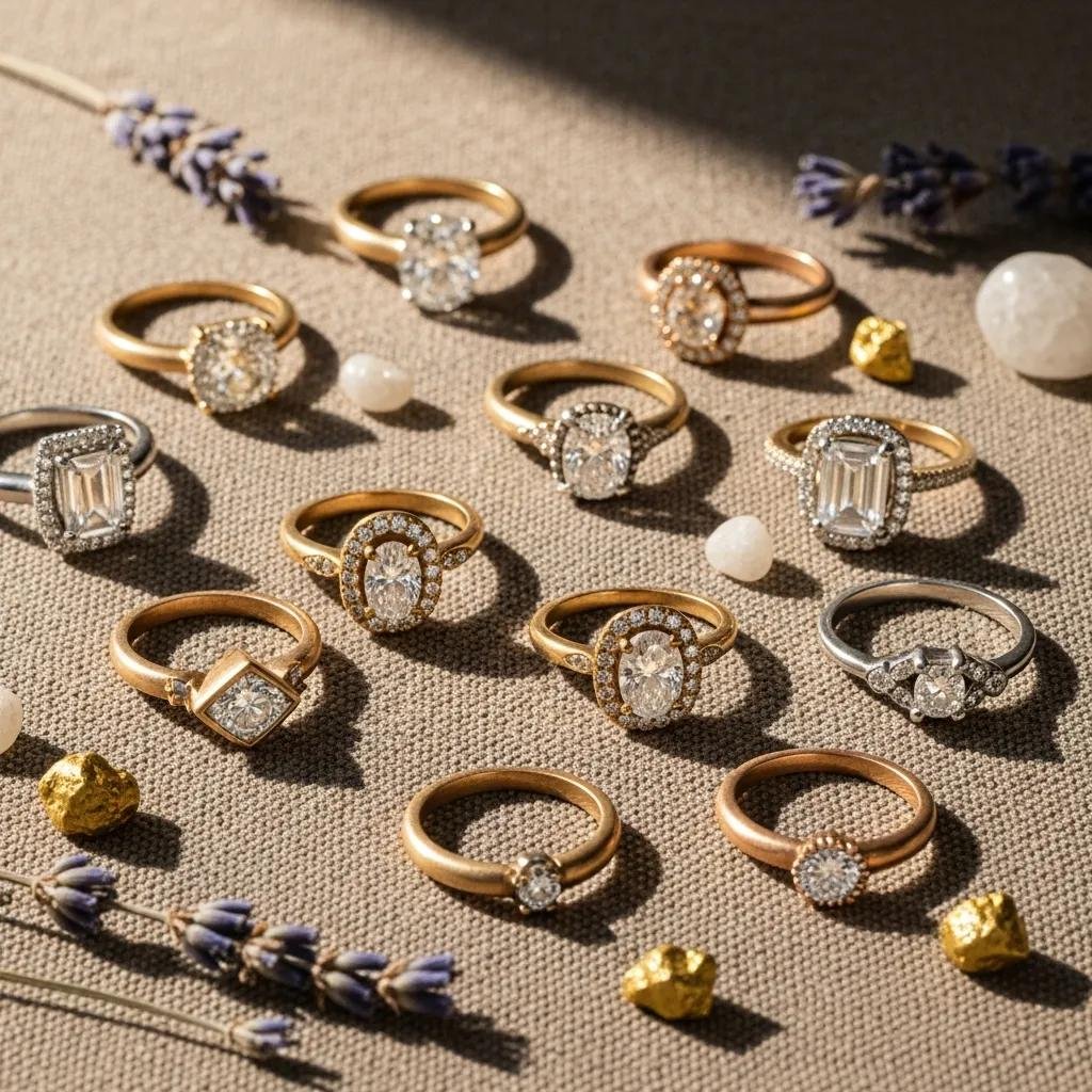 Elegant display of recycled gold engagement rings on textured fabric highlighting their unique designs