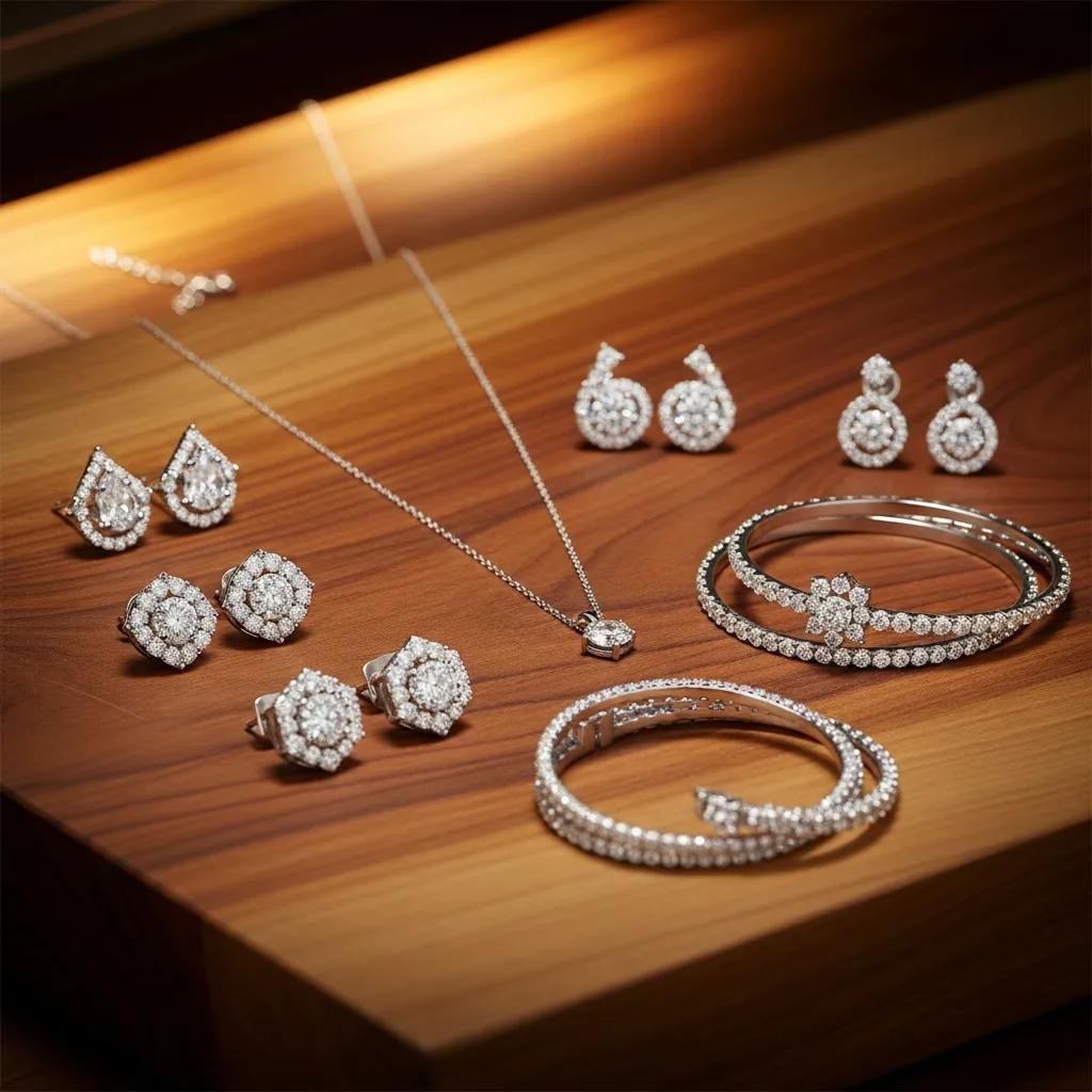 Elegant display of sustainable luxury jewelry made with ethically sourced diamonds on a wooden surface
