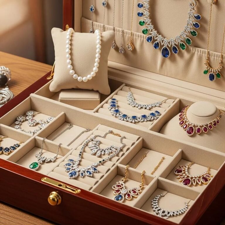Elegant jewelry box filled with various necklaces, highlighting proper storage techniques