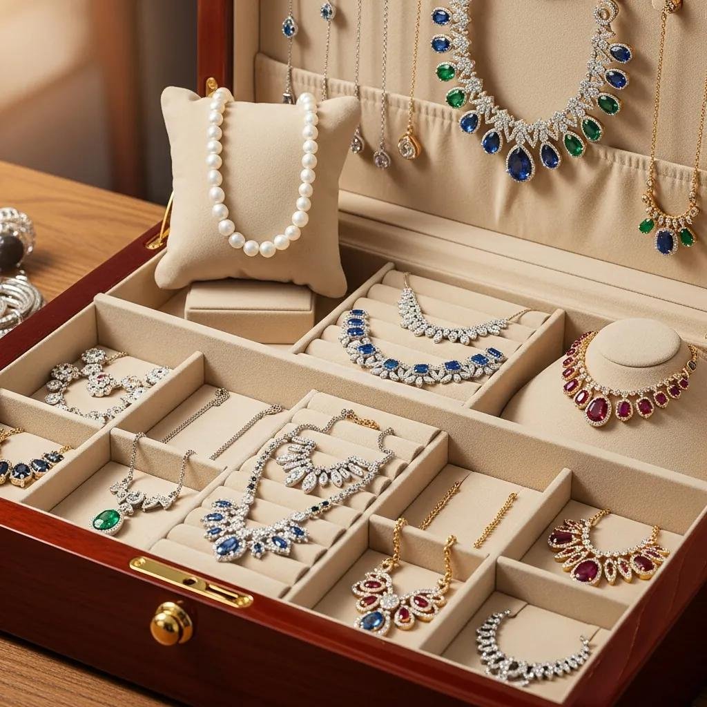 Elegant jewelry box filled with various necklaces, highlighting proper storage techniques