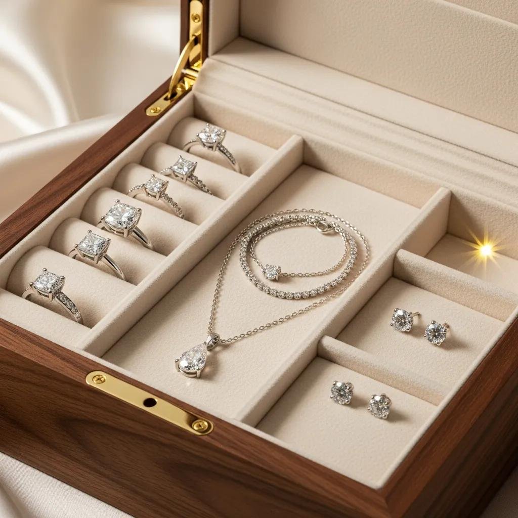 Elegant jewelry storage box with lab-grown diamonds, showcasing organized rings and necklaces