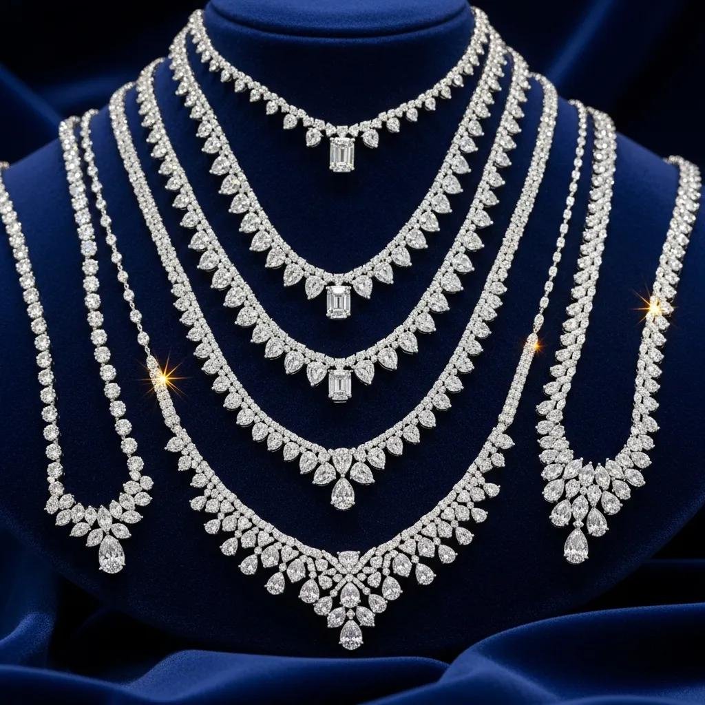 Elegant lab-grown diamond necklaces displayed on velvet, showcasing their brilliance and design