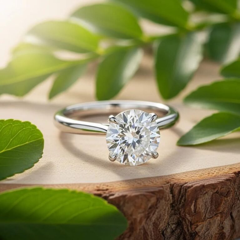 Understanding Ethical vs Traditional Diamond Sourcing 7 Ethical diamond ring on wooden surface with greenery, symbolizing sustainable jewelry practices