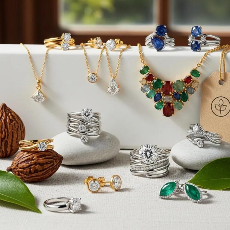 Top Ethical Jewelry Care Practices You Should Know 2 Ethical jewelry display featuring lab-grown diamonds and eco-friendly materials