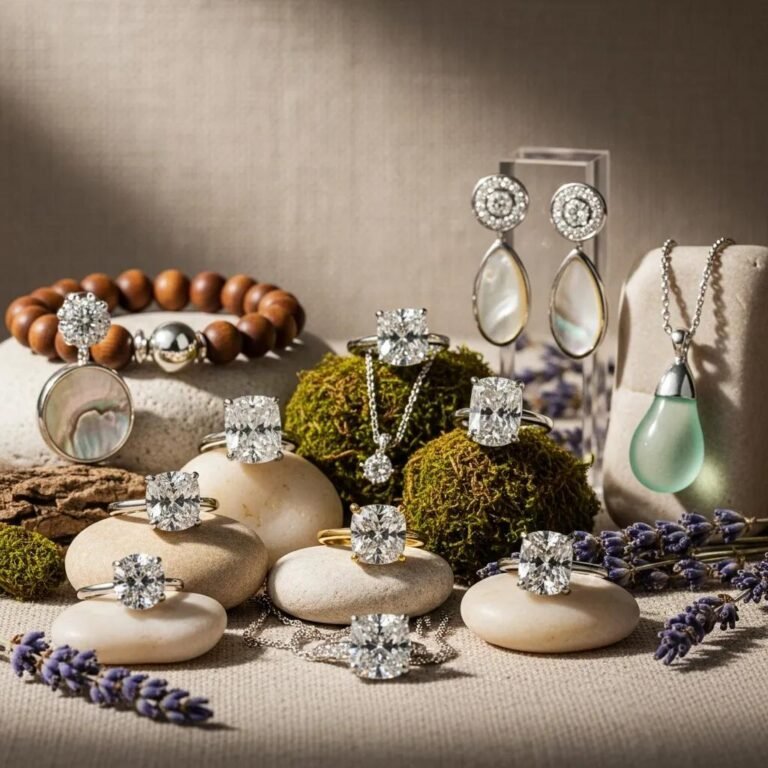 Ethical jewelry display featuring lab-grown diamonds and sustainable materials