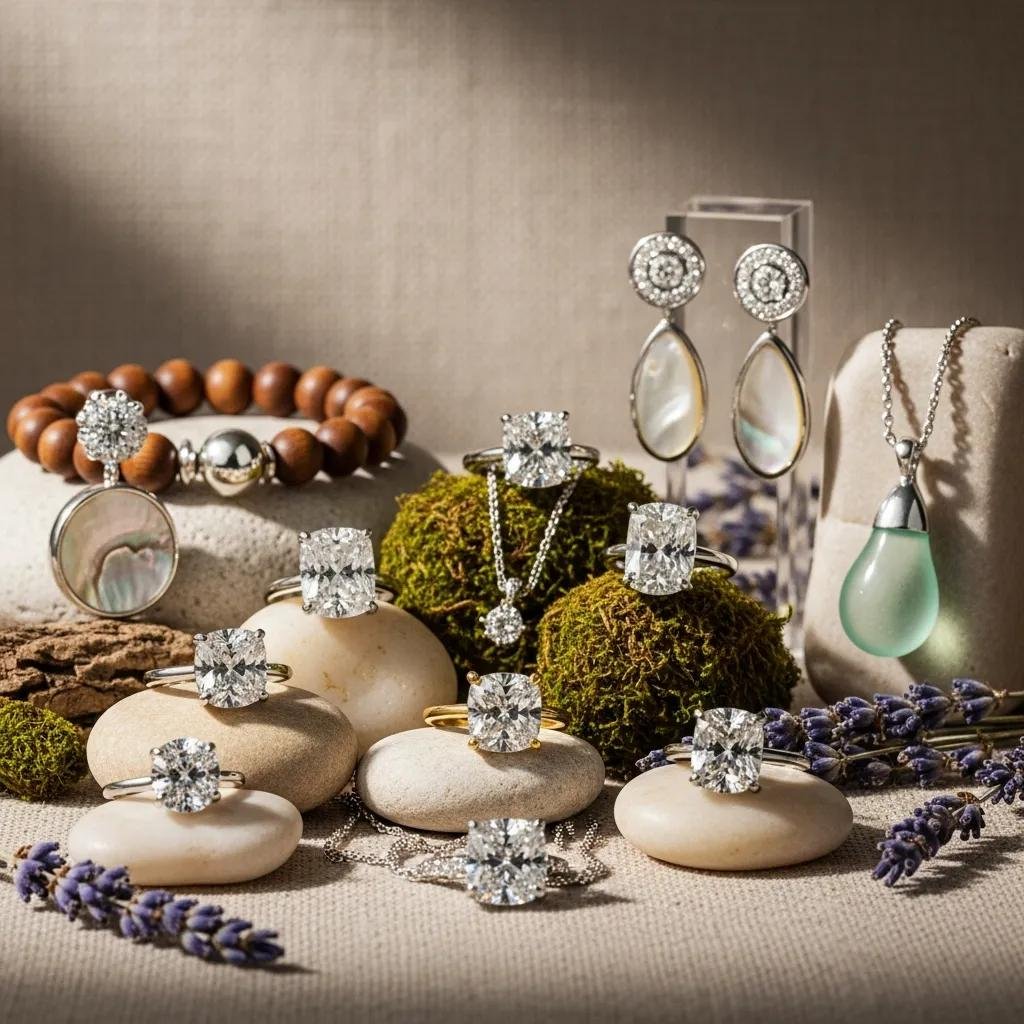 Ethical jewelry display featuring lab-grown diamonds and sustainable materials