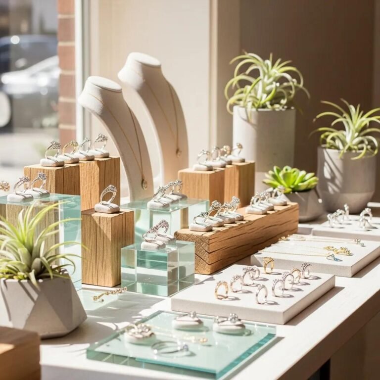 Ethically sourced jewelry display showcasing rings, necklaces, and bracelets made from recycled materials and lab-grown diamonds